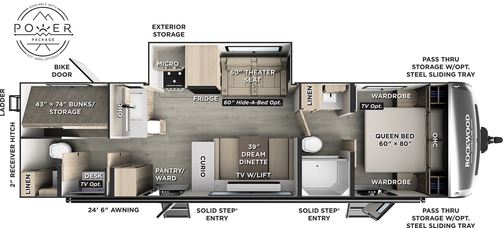 The Rockwood Ultra Lite Travel Trailers 2918BH floorplan has two entries and one slide out. Exterior features include: fiberglass exterior and 24'6" awning. Interiors features include: bunk beds, front bedroom, pass through bathroom and bathroom and a half.